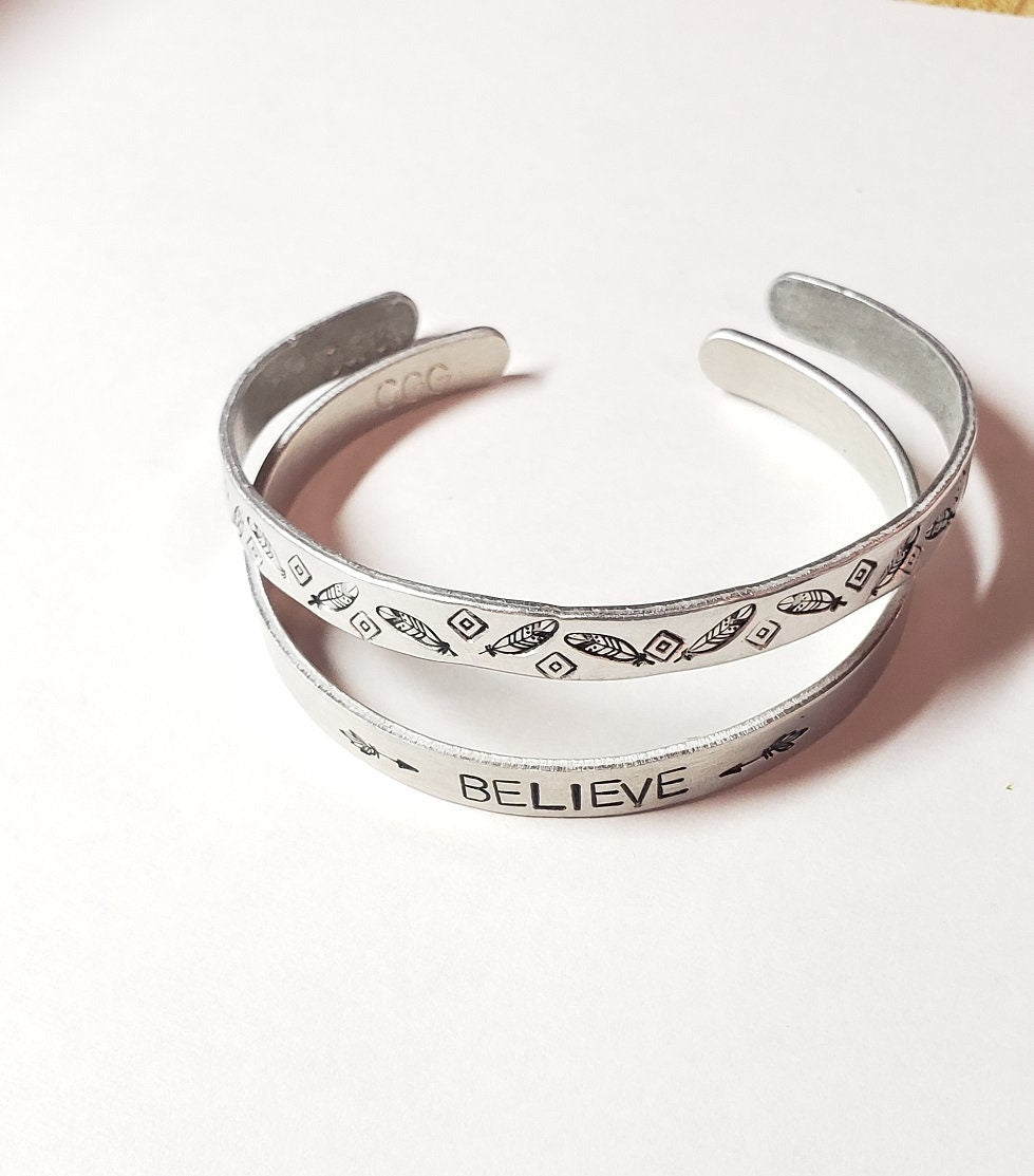 Believe, Fearless, Brave, Inspirational Cuff, Hand stamped Bracelet, Silver, Believe in yourself