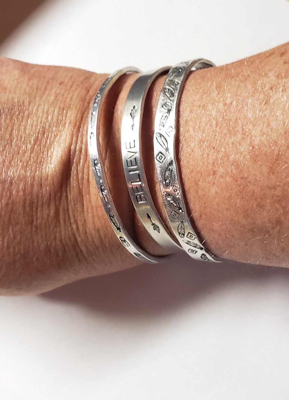 Believe, Fearless, Brave, Inspirational Cuff, Hand stamped Bracelet, Silver, Believe in yourself