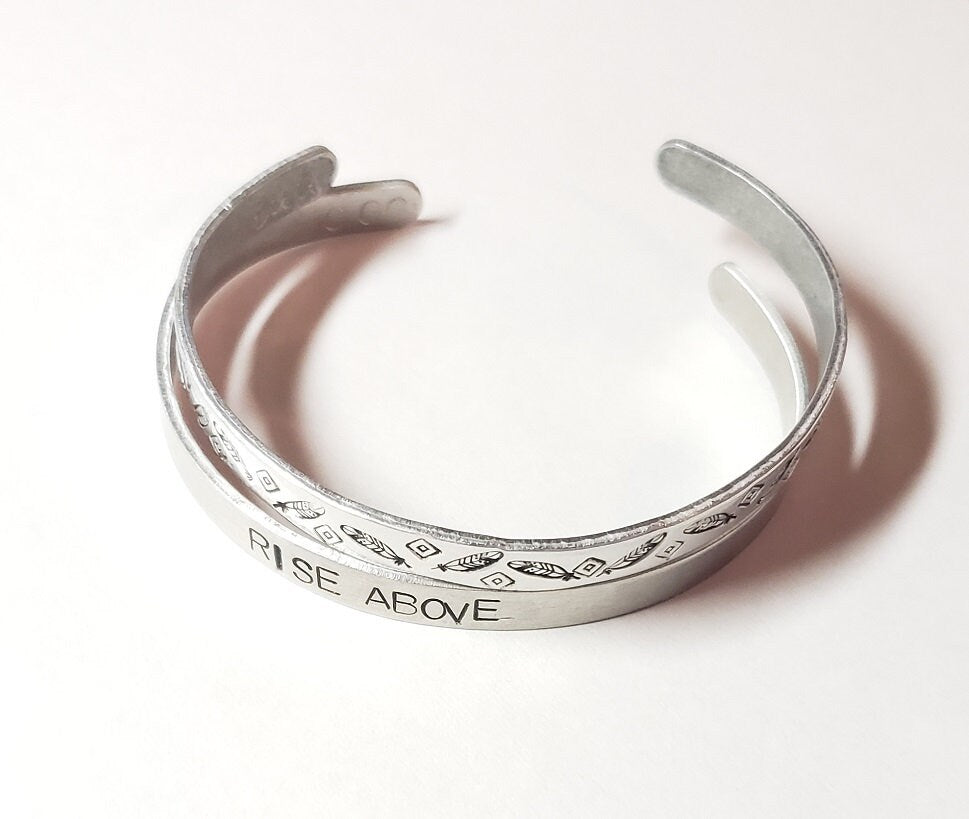 Rise Above, Fearless, Brave, Inspirational Cuff, Hand stamped Bracelet, Silver