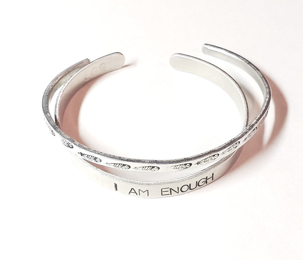 I am Enough, Fearless, Brave, Inspirational Cuff, Hand stamped Bracelet, Silver