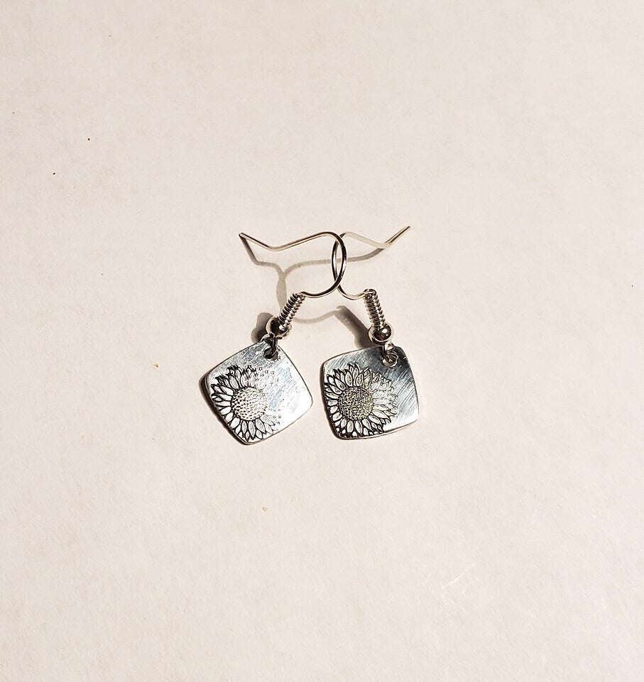 Sunflower Earrings, Hand stamped Earrings, Flower Earrings, Cute Earrings, Mom Gift