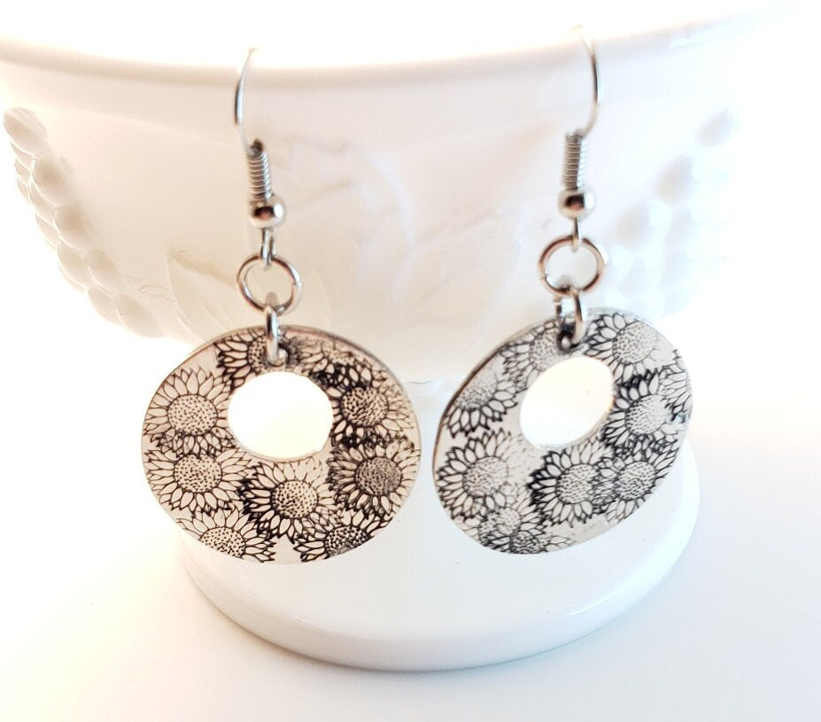 Sunflower Earrings, Hand stamped Earrings, Flower Earrings, Cute Earrings, Mom Gift, Silver Earrings
