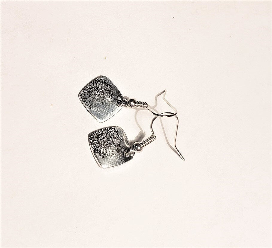 Sunflower Earrings, Hand stamped Earrings, Flower Earrings, Cute Earrings, Mom Gift