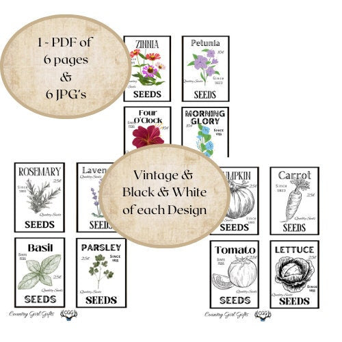 Vintage Printable Seed packet labels, Digital Download, Primitive Kitchen Designs