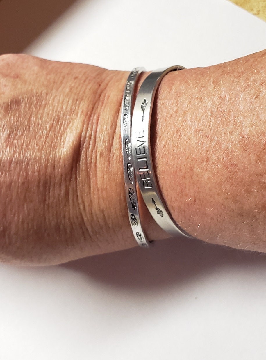 Believe, Fearless, Brave, Inspirational Cuff, Hand stamped Bracelet, Silver, Believe in yourself