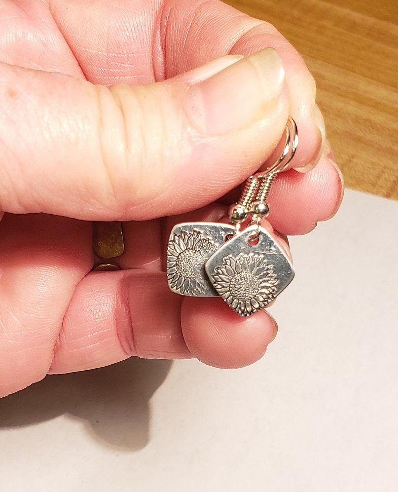 Sunflower Earrings, Hand stamped Earrings, Flower Earrings, Cute Earrings, Mom Gift
