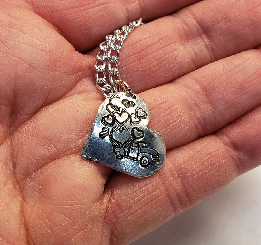 Truck with Hearts, Truck Lovers Necklace, Hand Stamped Necklace, Cute Gift, Love Necklace, Valentine Gift, Mom Gift