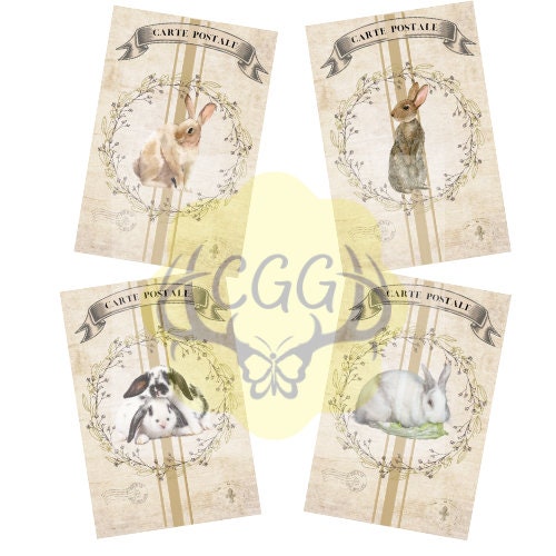Rabbit Hare Bunny Bunnies Easter 4 x 6 inch Instant Download digital collage sheet vintage grain sack hare french animals