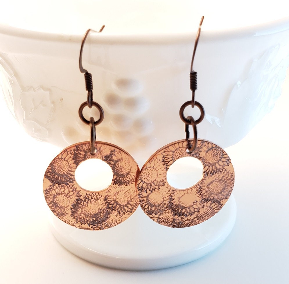 Sunflower Earrings, Hand stamped Earrings, Flower Earrings, Cute Earrings, Mom Gift, Silver Earrings