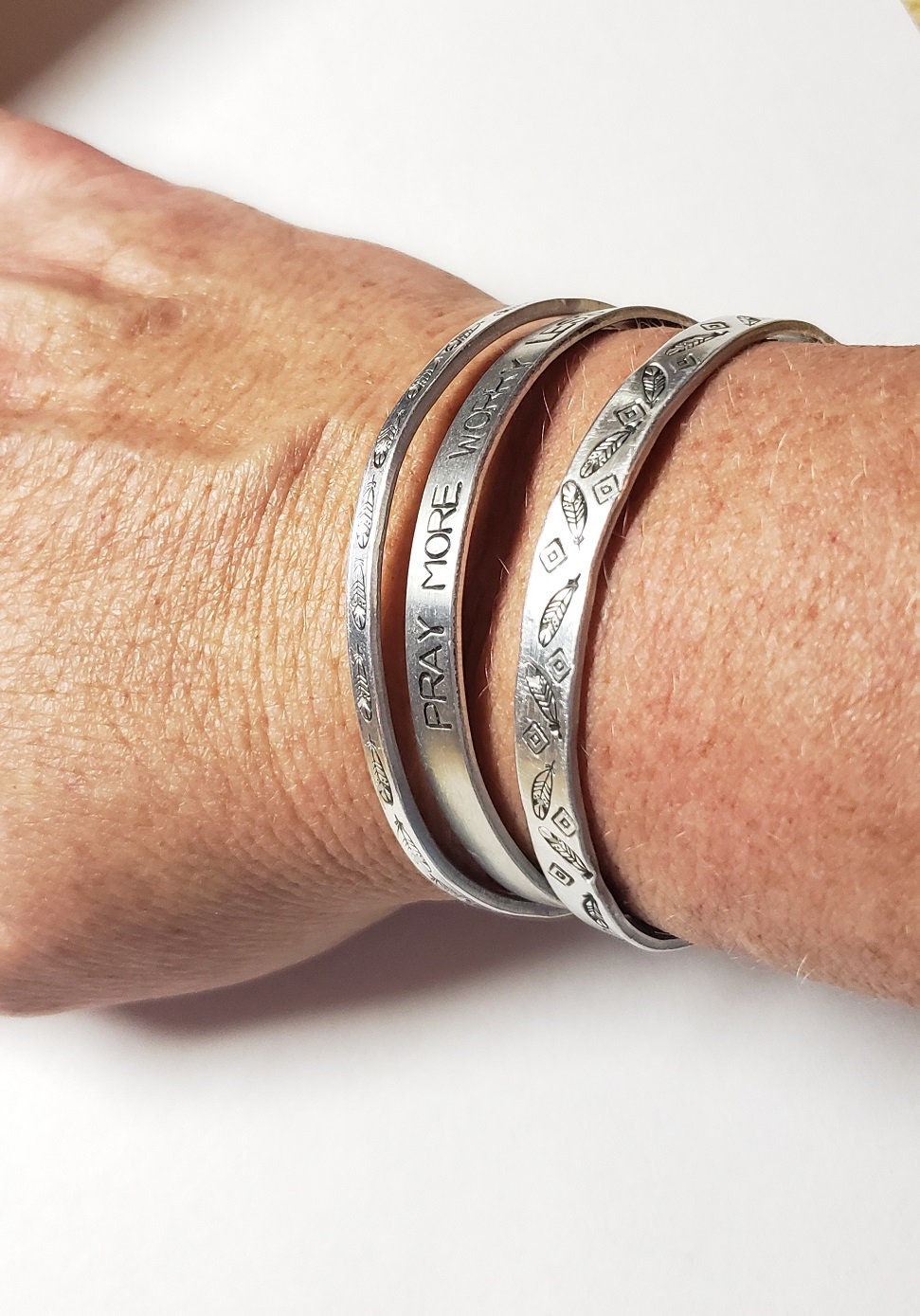 Pray more Worry Less, Fearless, Brave, Inspirational Cuff, Hand stamped Bracelet, Silver