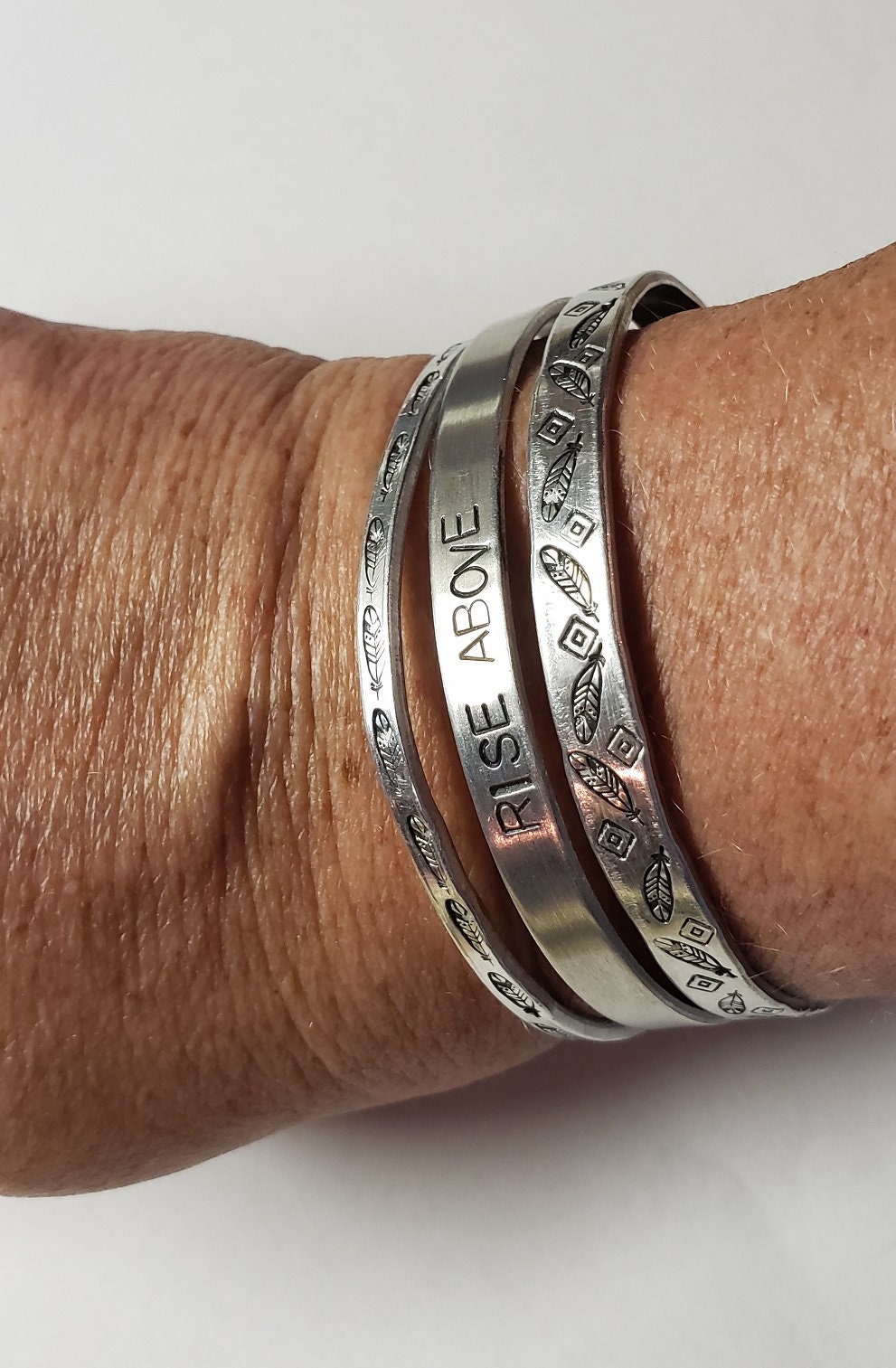 Rise Above, Fearless, Brave, Inspirational Cuff, Hand stamped Bracelet, Silver