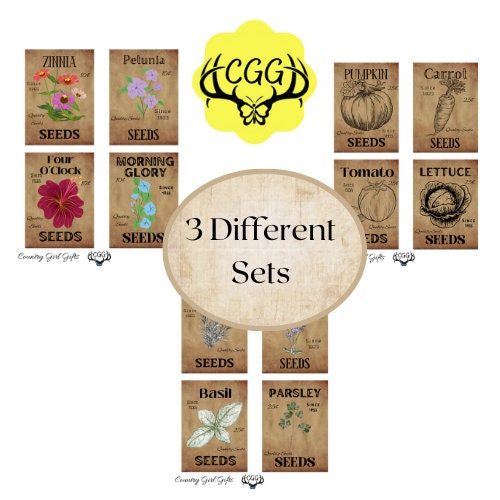 Vintage Printable Seed packet labels, Digital Download, Primitive Kitchen Designs