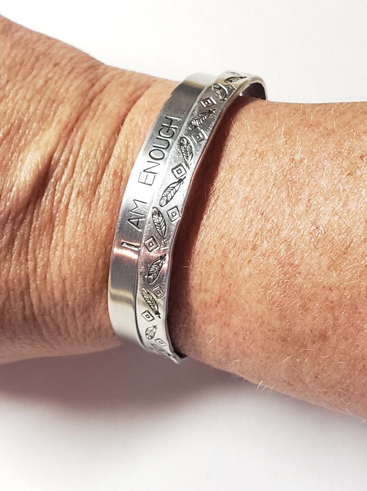 I am Enough, Fearless, Brave, Inspirational Cuff, Hand stamped Bracelet, Silver