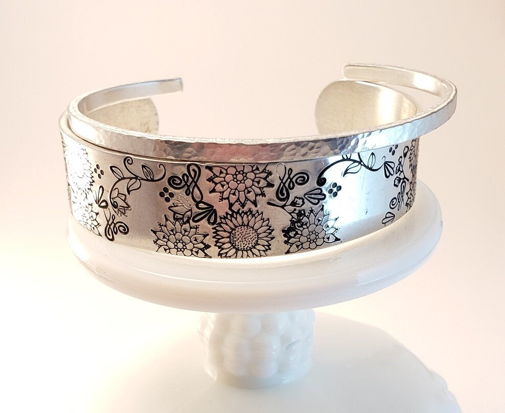 Sunflower Cuff Bracelet, Stacking Cuffs, Mother's Day Gift, Daughter's Gift, Anniversary Gift, Silver Jewelry, Floral Style Jewelry