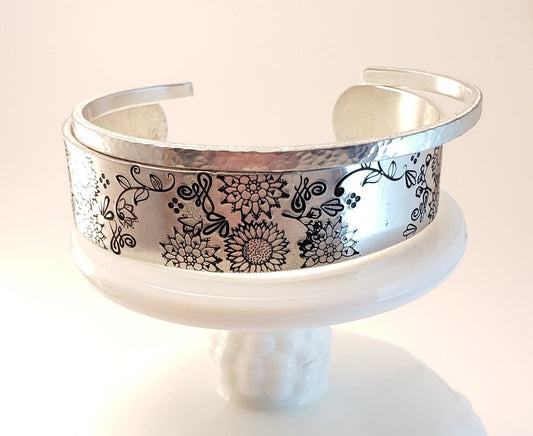 Sunflower Cuff Bracelet, Stacking Cuffs, Mother's Day Gift, Daughter's Gift, Anniversary Gift, Silver Jewelry, Floral Style Jewelry