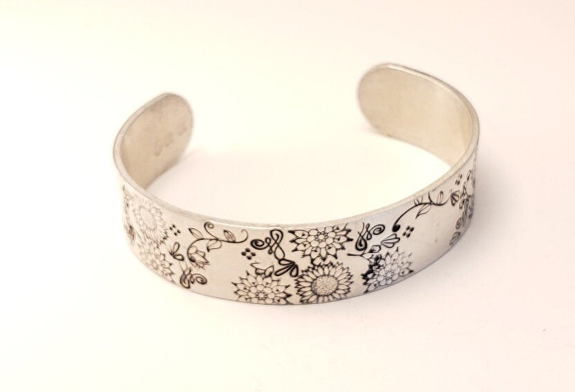 Sunflower Cuff Bracelet, Stacking Cuffs, Mother's Day Gift, Daughter's Gift, Anniversary Gift, Silver Jewelry, Floral Style Jewelry