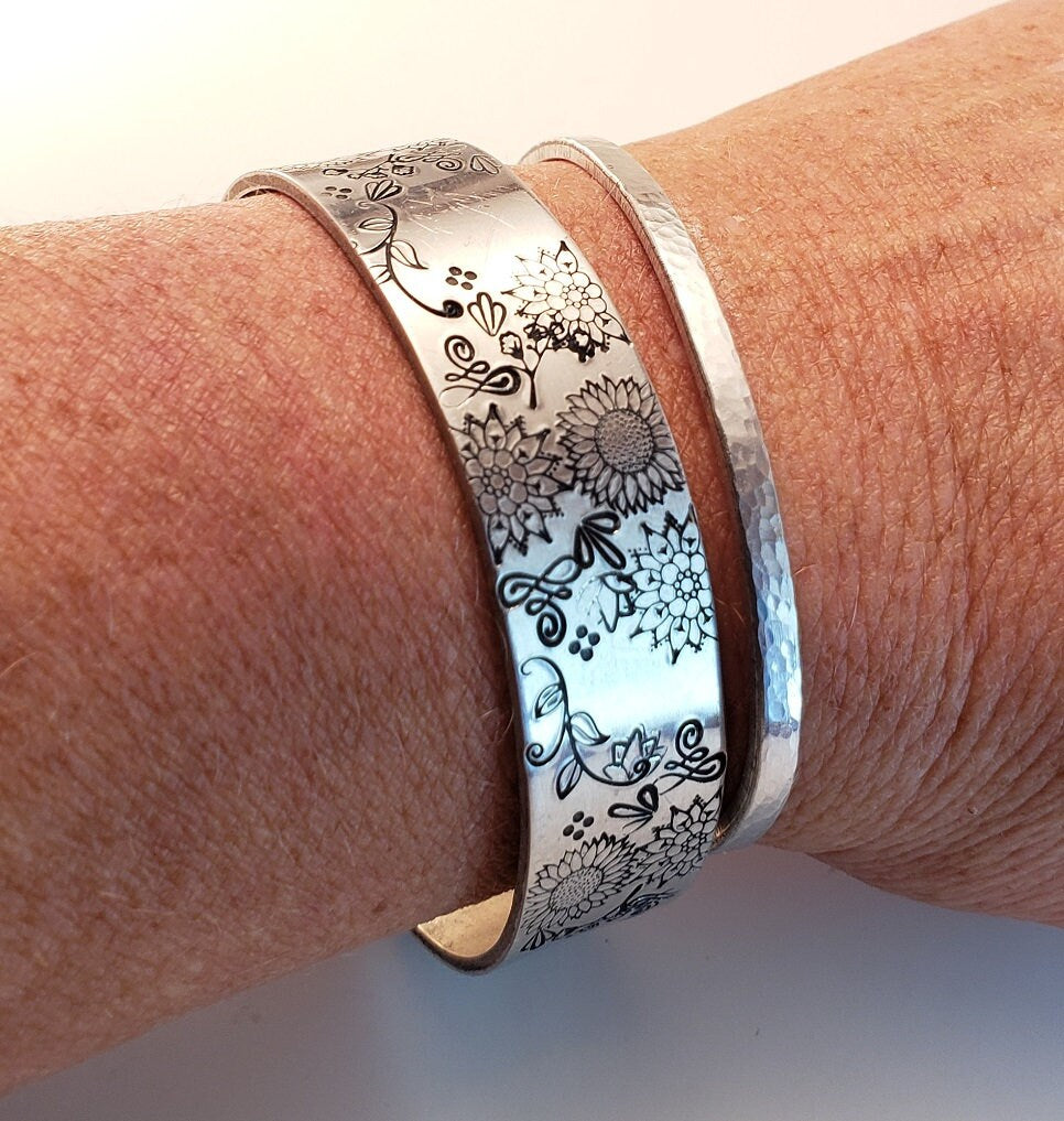 Sunflower Cuff Bracelet, Stacking Cuffs, Mother's Day Gift, Daughter's Gift, Anniversary Gift, Silver Jewelry, Floral Style Jewelry
