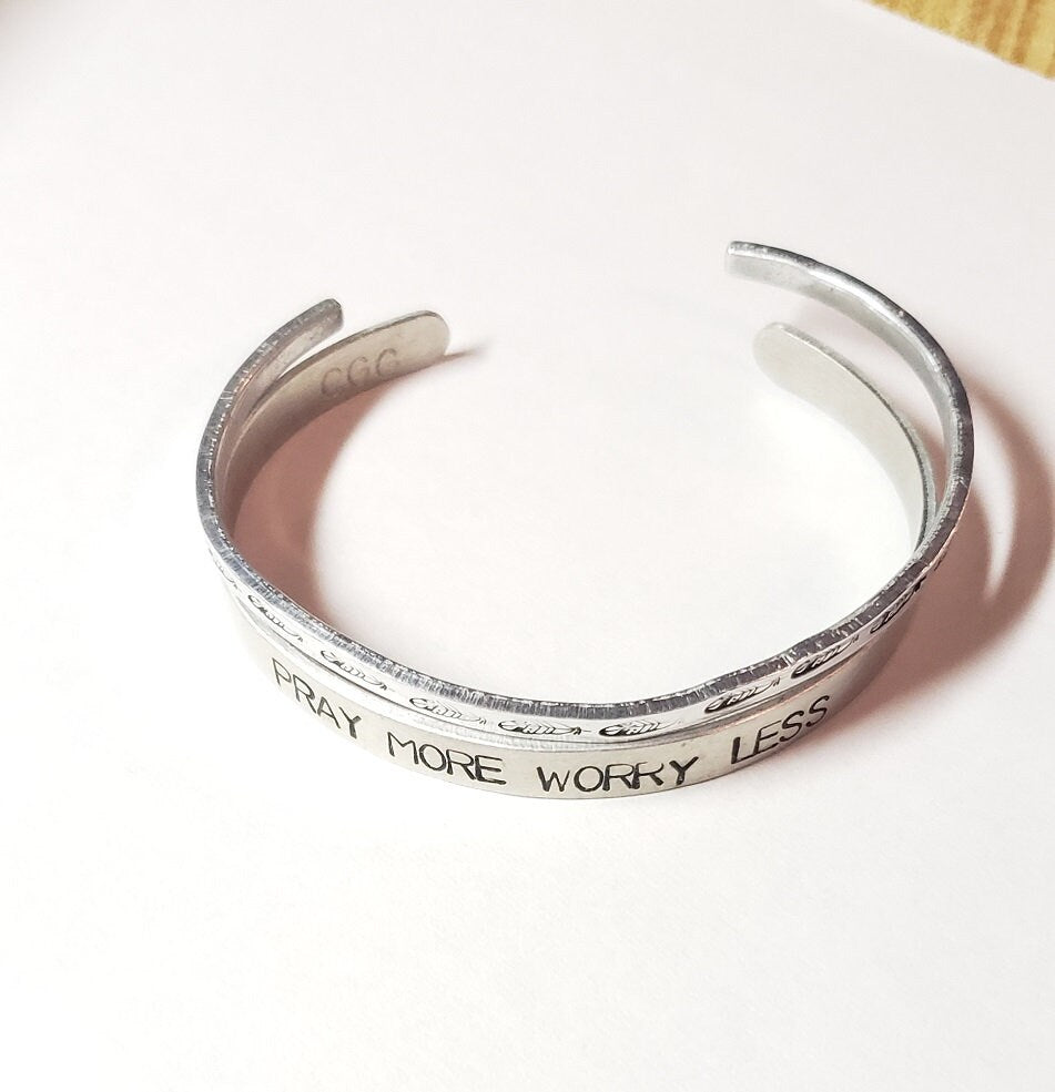 Pray more Worry Less, Fearless, Brave, Inspirational Cuff, Hand stamped Bracelet, Silver