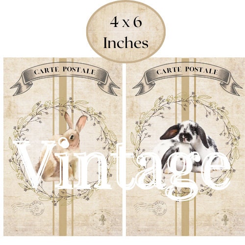 Rabbit Hare Bunny Bunnies Easter 4 x 6 inch Instant Download digital collage sheet vintage grain sack hare french animals
