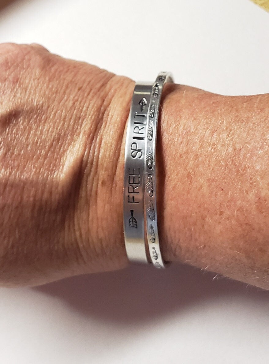 Free Spirit, Fearless, Brave, Inspirational Cuff, Hand stamped Bracelet, Silver