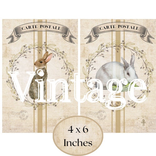 Rabbit Hare Bunny Bunnies Easter 4 x 6 inch Instant Download digital collage sheet vintage grain sack hare french animals