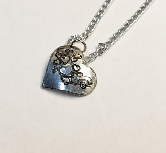 Truck with Hearts, Truck Lovers Necklace, Hand Stamped Necklace, Cute Gift, Love Necklace, Valentine Gift, Mom Gift