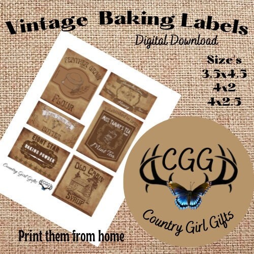 Vintage Printable Baking Labels, Digital Download, Primitive Kitchen Designs