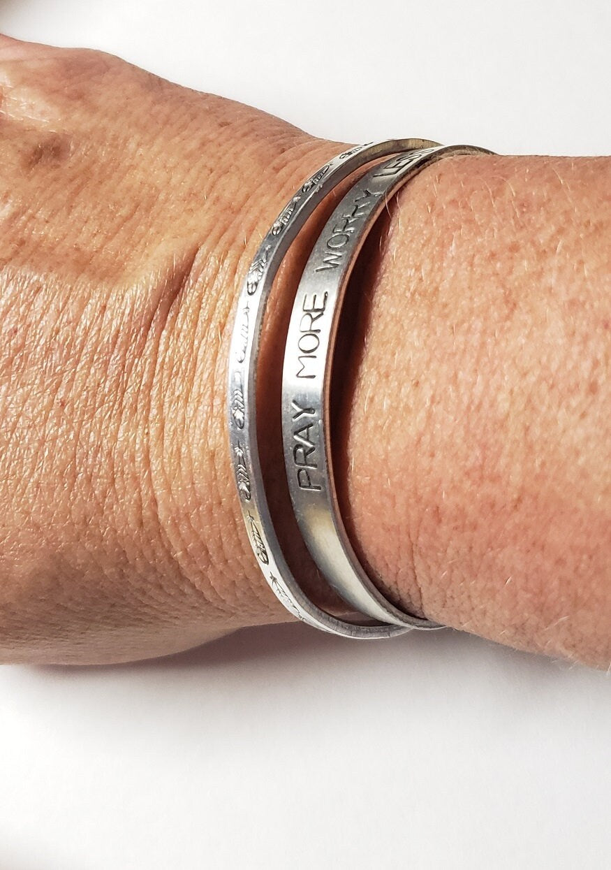 Pray more Worry Less, Fearless, Brave, Inspirational Cuff, Hand stamped Bracelet, Silver