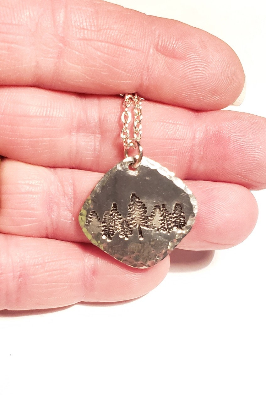 Forest Necklace, Nature Lover Necklace, Hand Stamped Necklace, Hiker/Camper Jewelry, Inner Peace, Strength