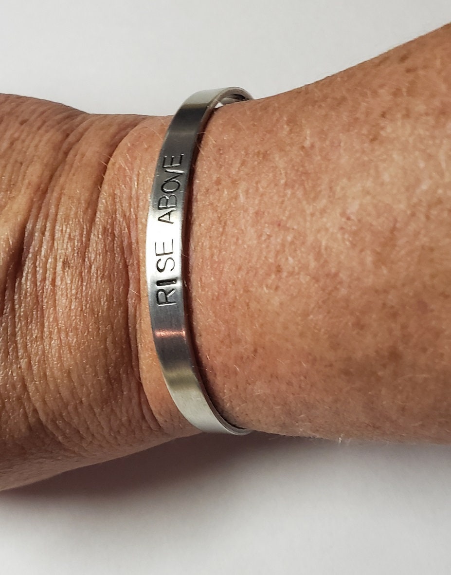 Rise Above, Fearless, Brave, Inspirational Cuff, Hand stamped Bracelet, Silver