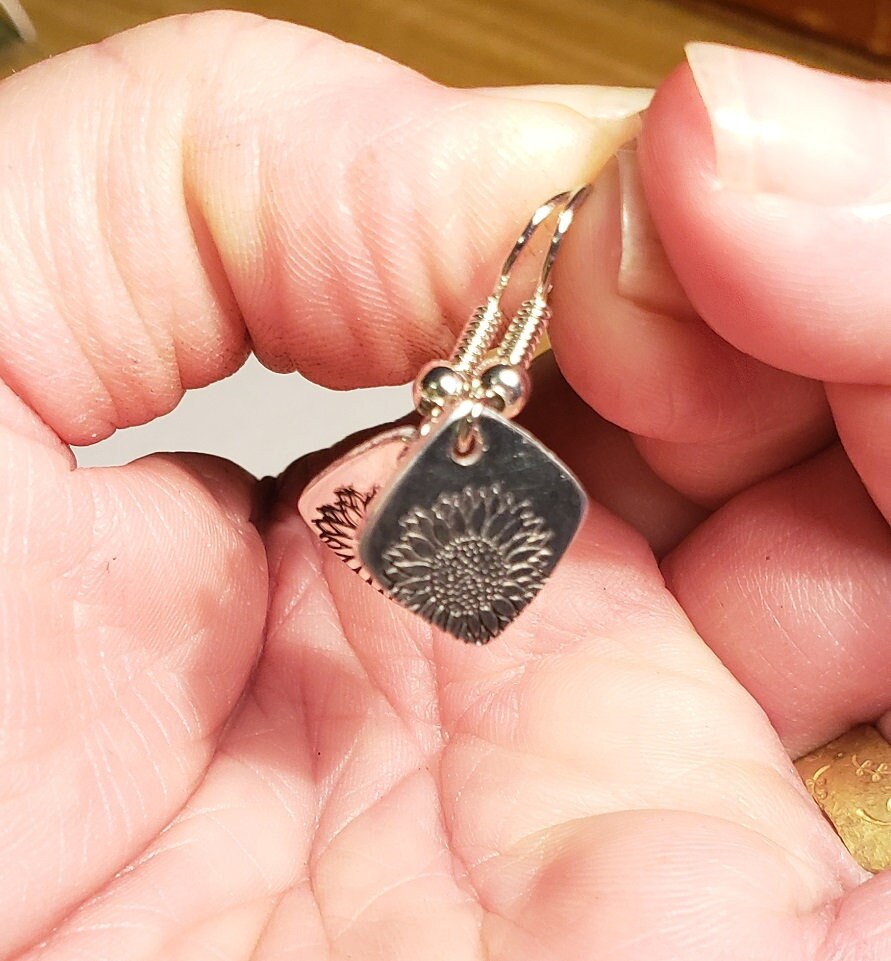Sunflower Earrings, Hand stamped Earrings, Flower Earrings, Cute Earrings, Mom Gift