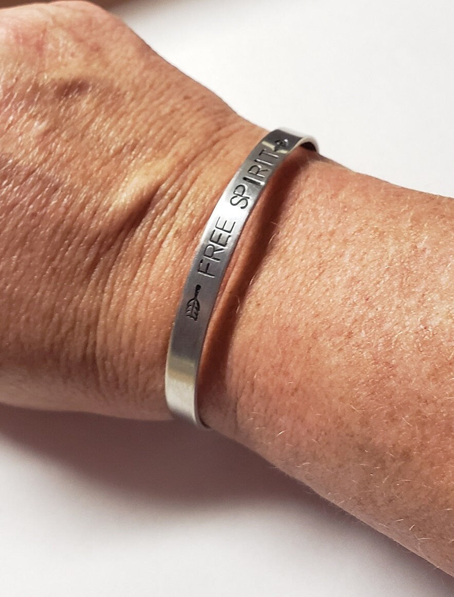 Free Spirit, Fearless, Brave, Inspirational Cuff, Hand stamped Bracelet, Silver