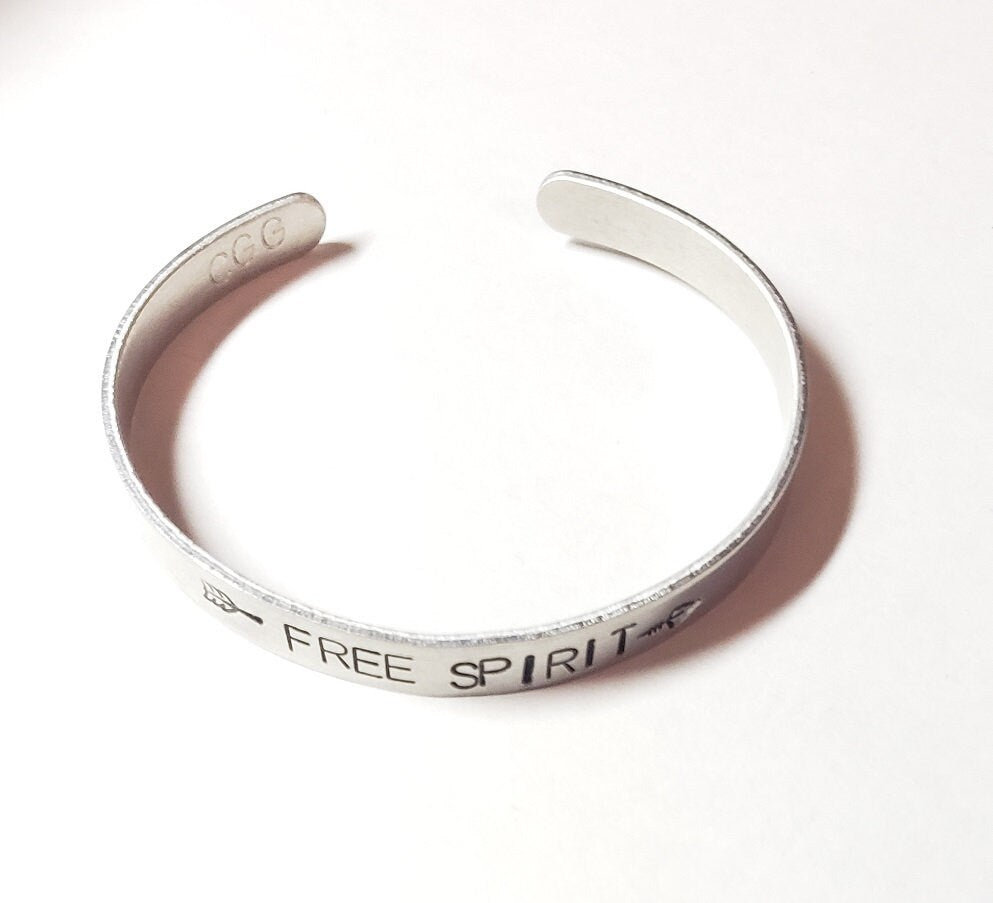 Free Spirit, Fearless, Brave, Inspirational Cuff, Hand stamped Bracelet, Silver