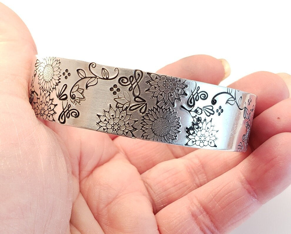 Sunflower Cuff Bracelet, Stacking Cuffs, Mother's Day Gift, Daughter's Gift, Anniversary Gift, Silver Jewelry, Floral Style Jewelry
