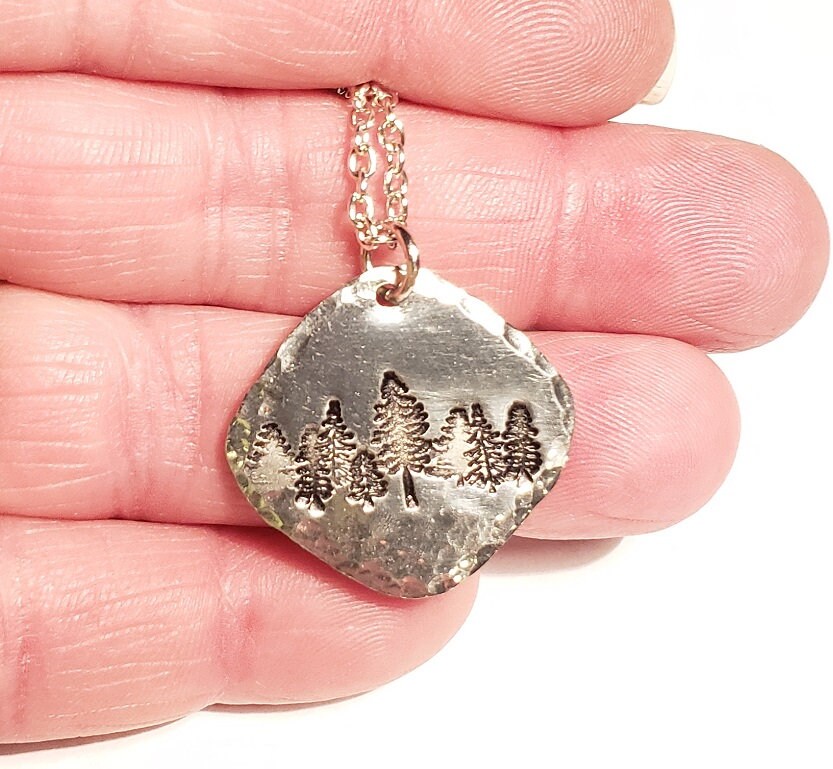 Forest Necklace, Nature Lover Necklace, Hand Stamped Necklace, Hiker/Camper Jewelry, Inner Peace, Strength