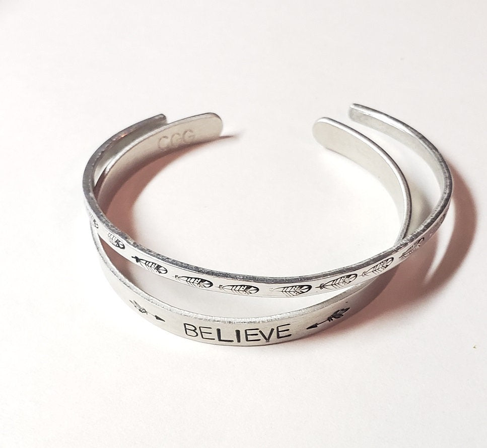 Believe, Fearless, Brave, Inspirational Cuff, Hand stamped Bracelet, Silver, Believe in yourself