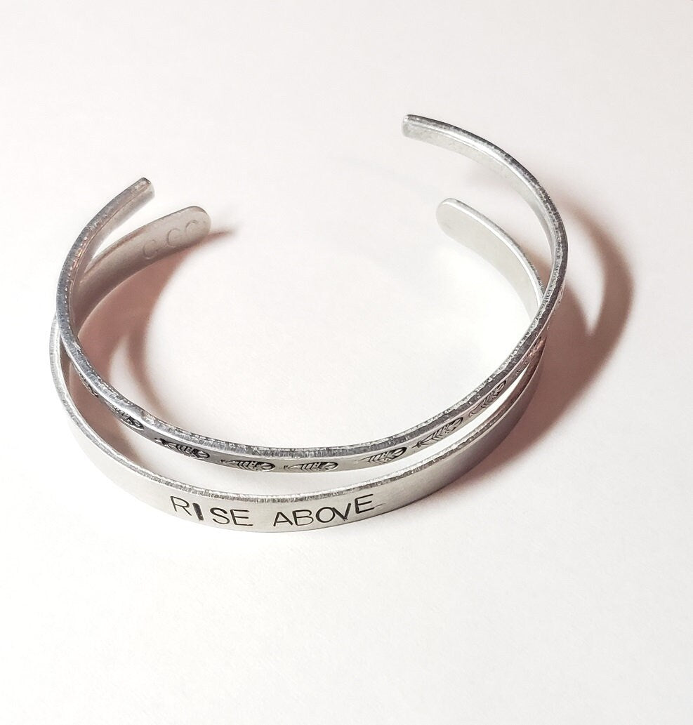 Rise Above, Fearless, Brave, Inspirational Cuff, Hand stamped Bracelet, Silver