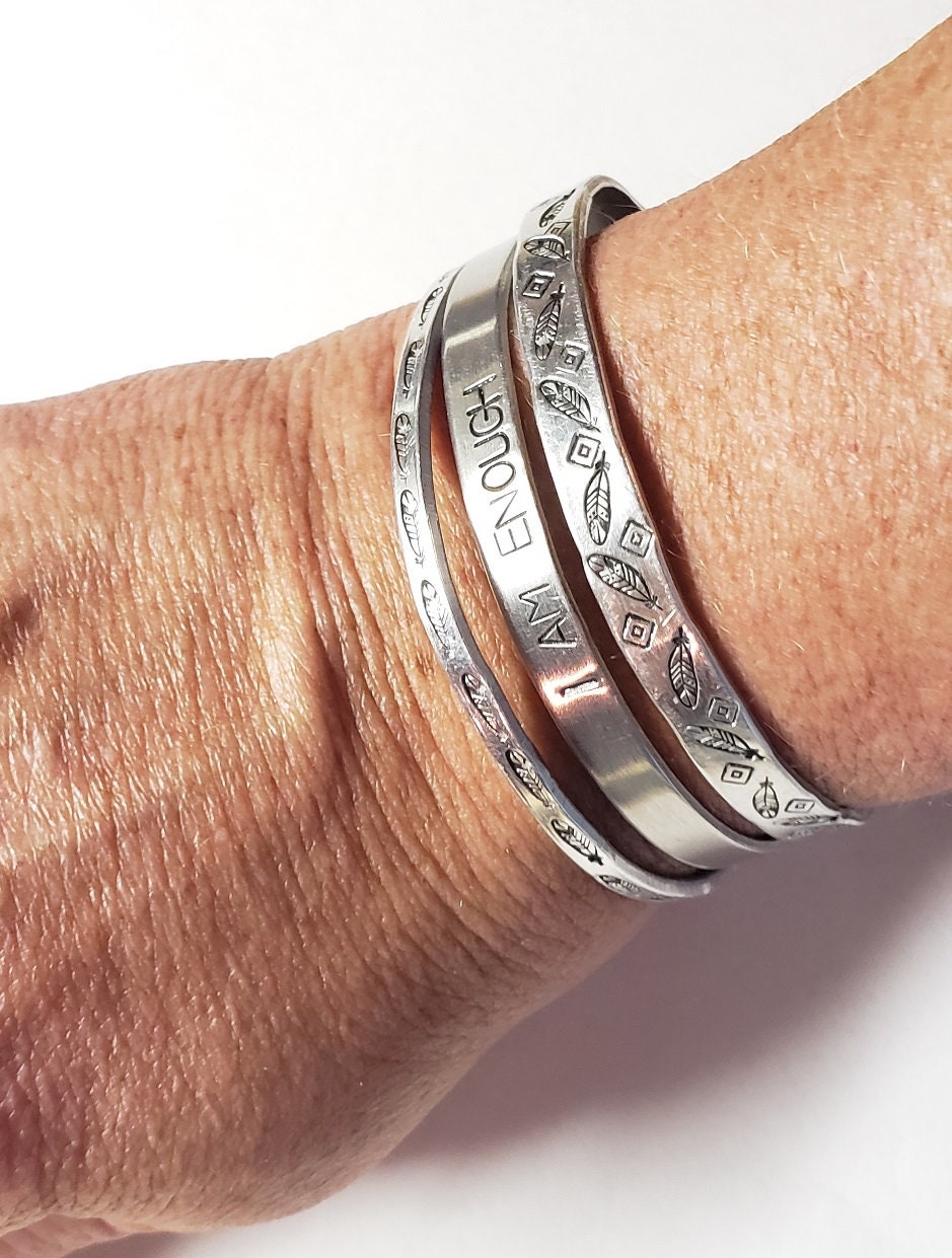 I am Enough, Fearless, Brave, Inspirational Cuff, Hand stamped Bracelet, Silver