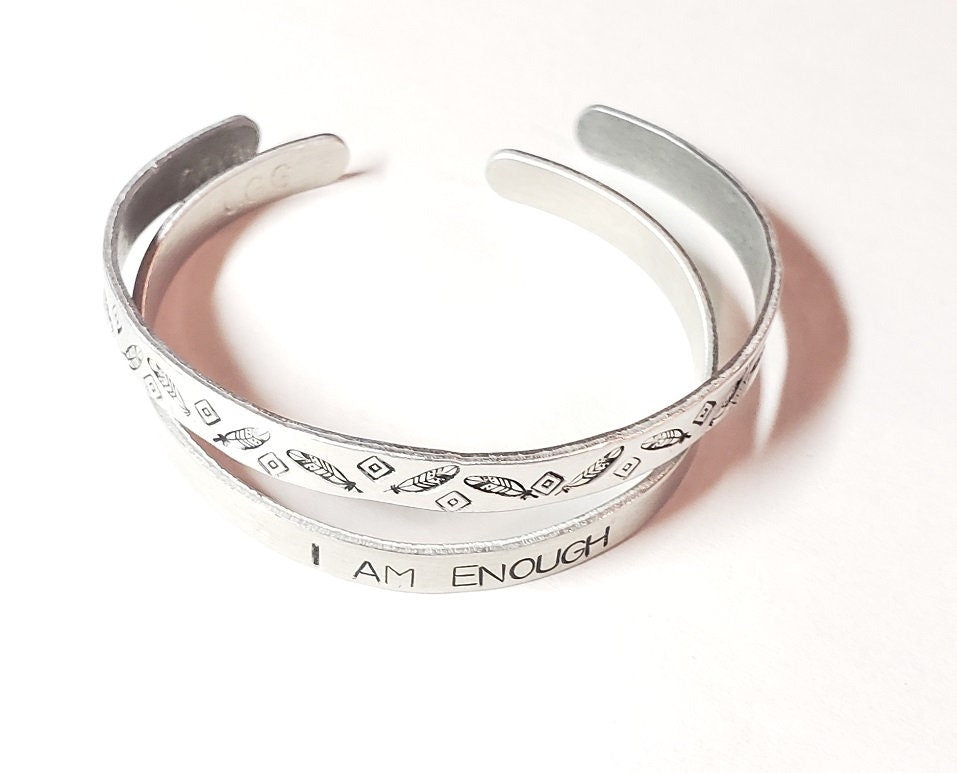 I am Enough, Fearless, Brave, Inspirational Cuff, Hand stamped Bracelet, Silver