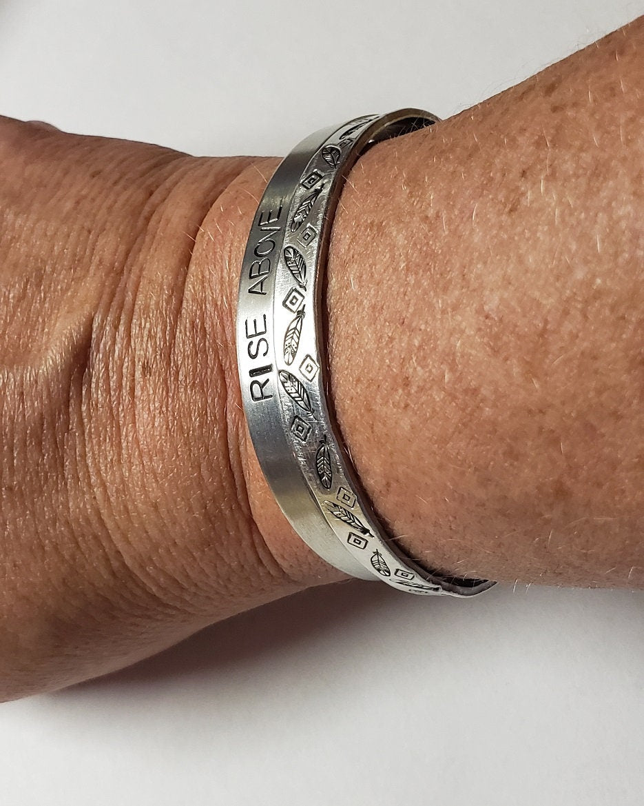 Rise Above, Fearless, Brave, Inspirational Cuff, Hand stamped Bracelet, Silver