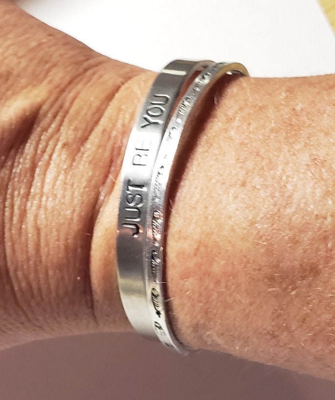 Just Be You, Fearless, Brave, Inspirational Cuff, Hand stamped Bracelet, Silver