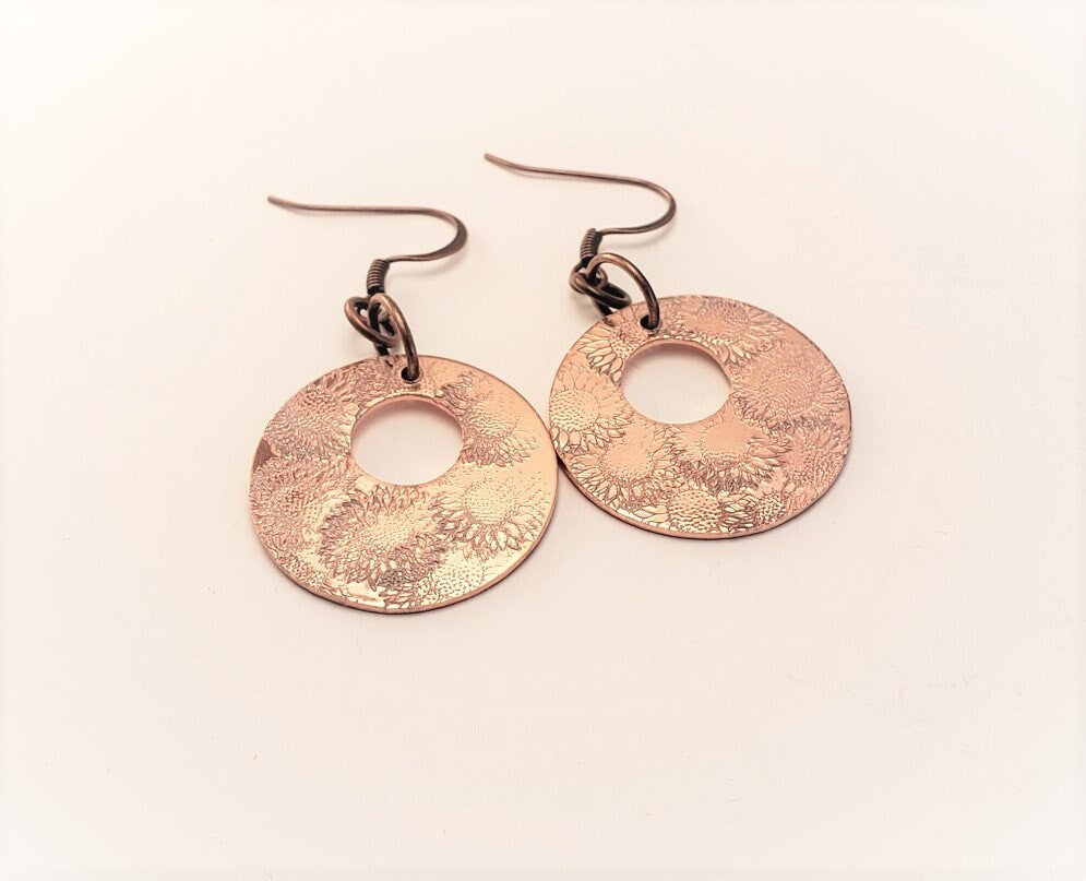 Sunflower Earrings, Hand stamped Earrings, Flower Earrings, Cute Earrings, Mom Gift, Silver Earrings