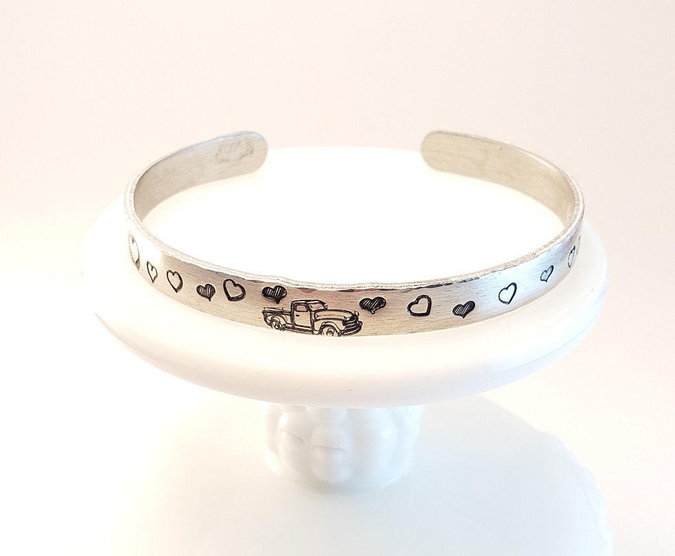 Truck with Hearts Cuff,  Truck Lovers Cuff, Hand Stamped Cuff, Truck/Heart Jewelry, Love Cuff, Valentine Gift