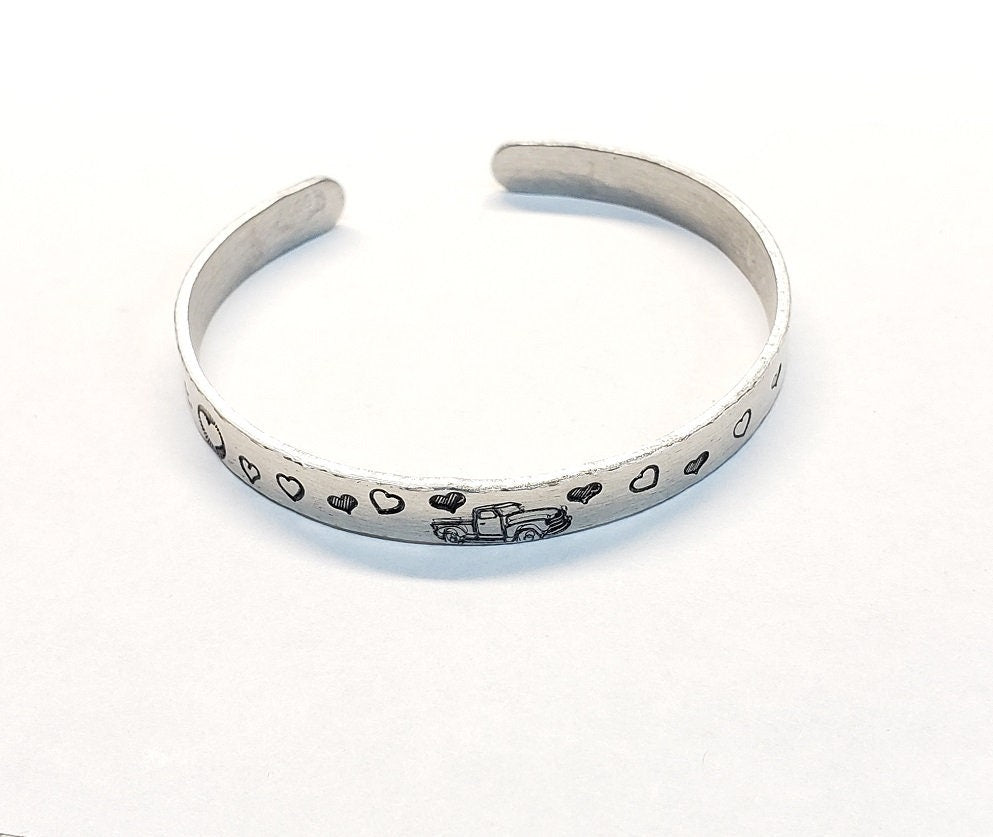 Truck with Hearts Cuff,  Truck Lovers Cuff, Hand Stamped Cuff, Truck/Heart Jewelry, Love Cuff, Valentine Gift