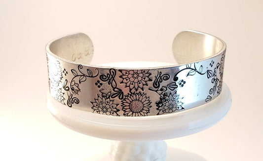 Sunflower Cuff Bracelet, Stacking Cuffs, Mother's Day Gift, Daughter's Gift, Anniversary Gift, Silver Jewelry, Floral Style Jewelry