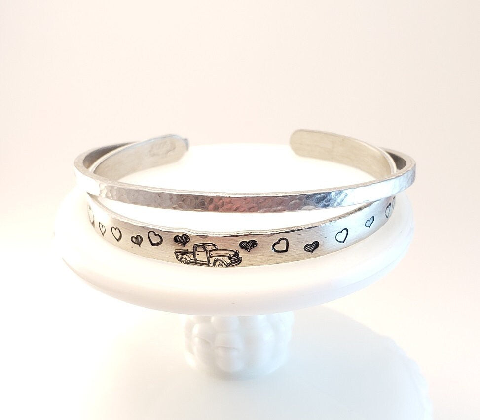 Truck with Hearts Cuff,  Truck Lovers Cuff, Hand Stamped Cuff, Truck/Heart Jewelry, Love Cuff, Valentine Gift