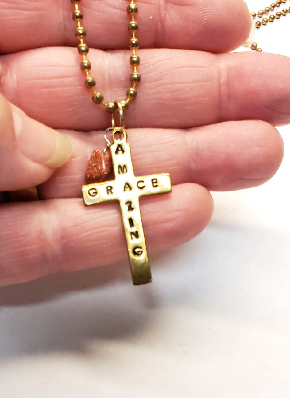 Hand Stamped Necklace, Cross Necklace, Valentine Gift, Saved Necklace, Christian Jewelry, Gold Cross Necklace, Christian Gift for Women