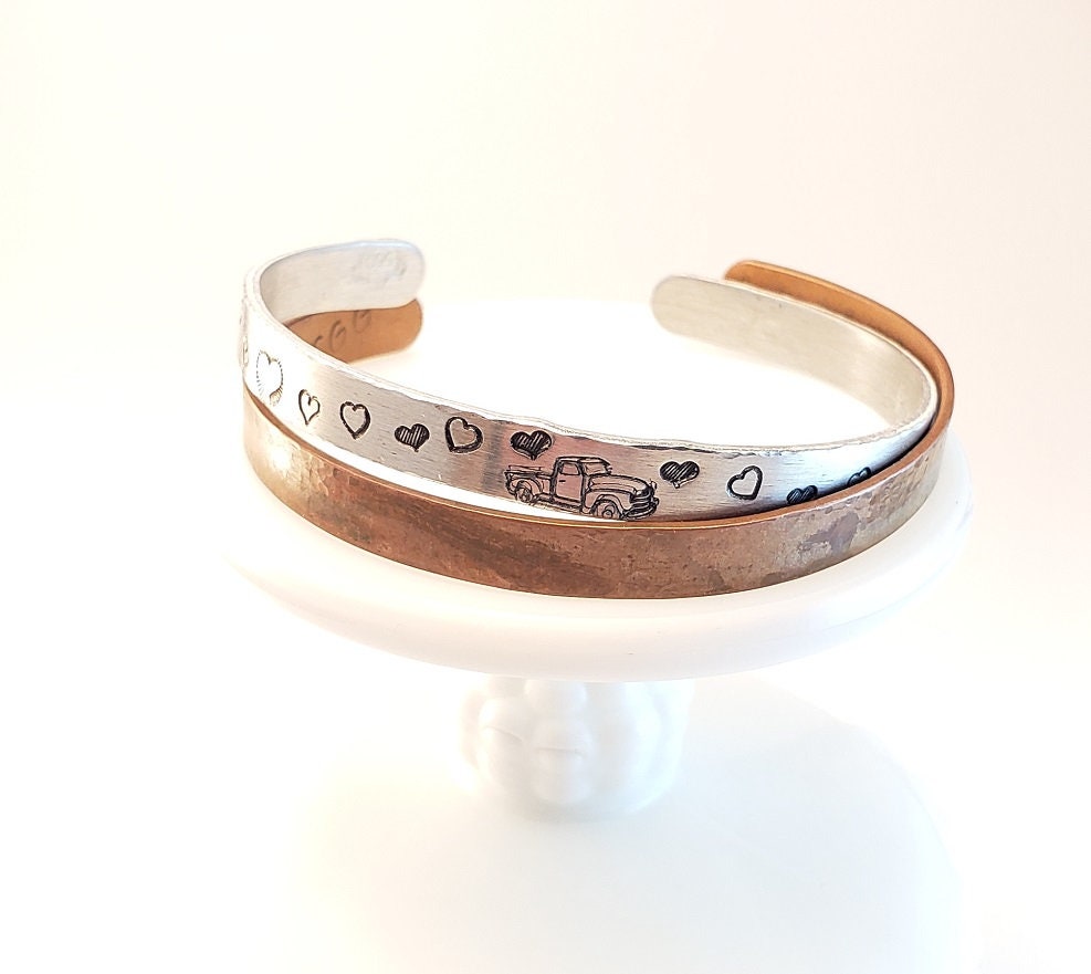 Truck with Hearts Cuff,  Truck Lovers Cuff, Hand Stamped Cuff, Truck/Heart Jewelry, Love Cuff, Valentine Gift