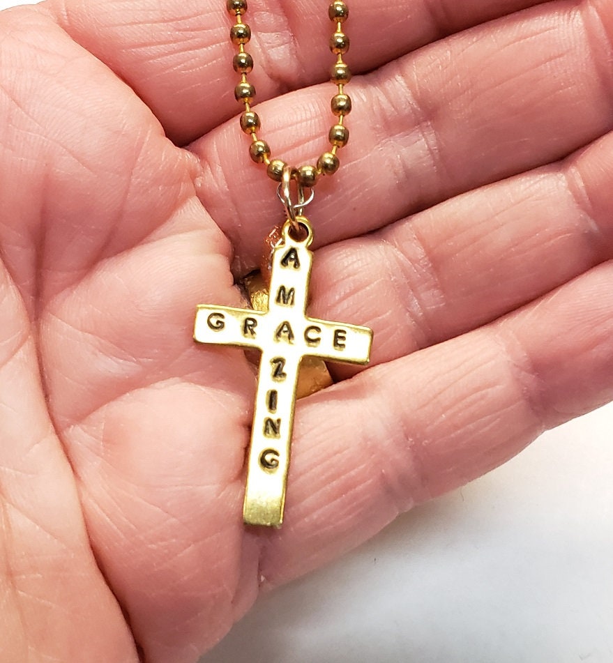 Hand Stamped Necklace, Cross Necklace, Valentine Gift, Saved Necklace, Christian Jewelry, Gold Cross Necklace, Christian Gift for Women
