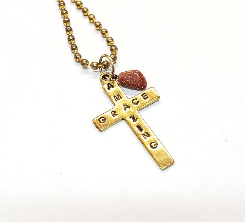Hand Stamped Necklace, Cross Necklace, Valentine Gift, Saved Necklace, Christian Jewelry, Gold Cross Necklace, Christian Gift for Women